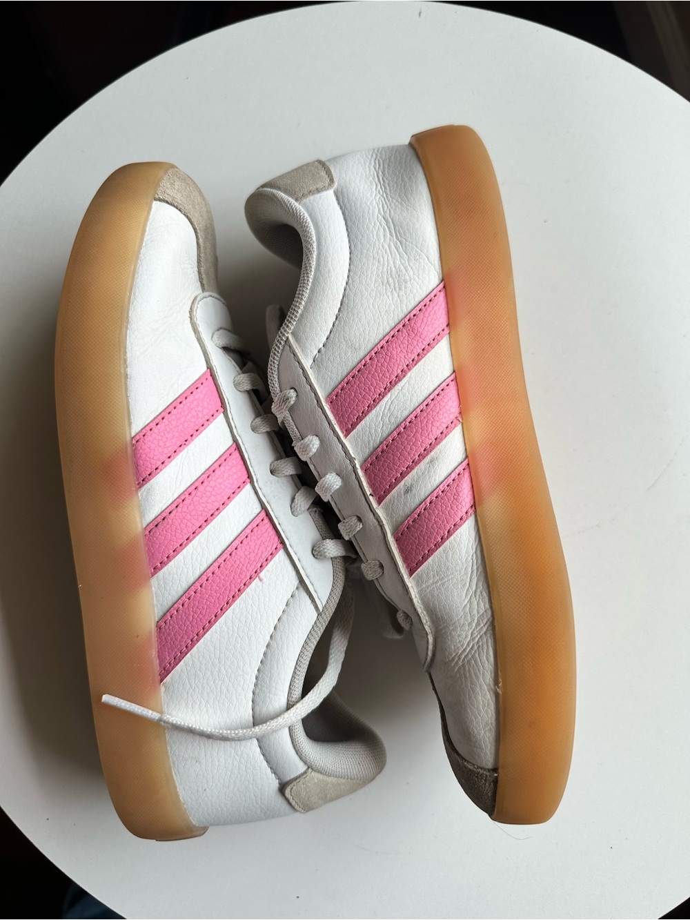 adidas Kids White Sneakers with Pink Stripes and Gum Sole